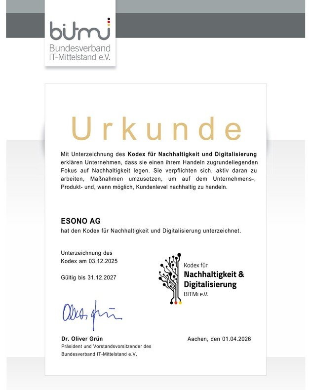 Urkunde des Bundesverbands IT-Mittelstand e.V. zur Unterzeichnung des Kodex für Nachhaltigkeit und Digitalisierung.