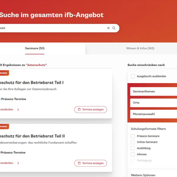 Suchseite mit Eingabefeld, Filteroptionen und Ergebnissen für Datenschutzseminare im ifb-Portal.