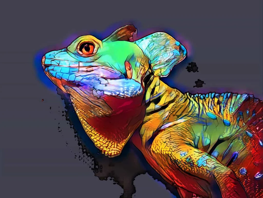 Bunte, abstrakte Illustration eines Reptils vor dunklem Hintergrund.