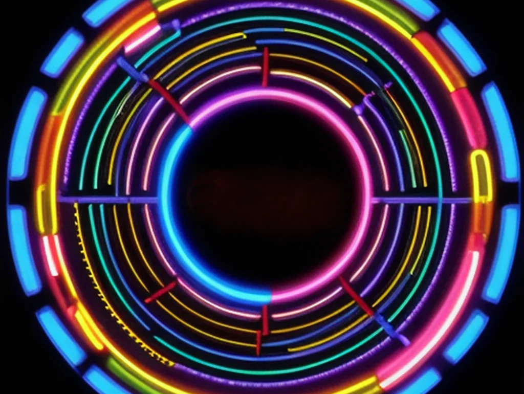 Abstraktes, leuchtendes Kreismuster aus bunten Neonlinien auf schwarzem Hintergrund.