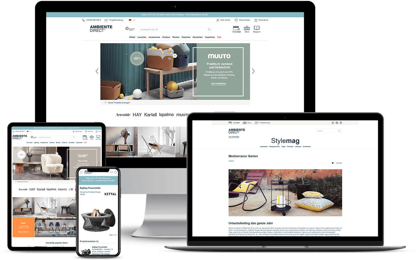 Mehrere Bildschirme zeigen eine Website mit Möbel- und Designprodukten in responsivem Design.