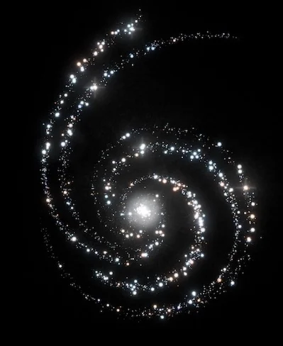 Spiralgalaxie mit leuchtenden Sternenarmen vor dunklem Hintergrund.