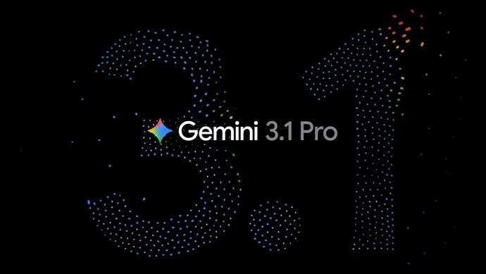 Schwarzer Hintergrund mit großem, blauen Punktmuster "3.1" und Text "Gemini 3.1 Pro" in Weiß.