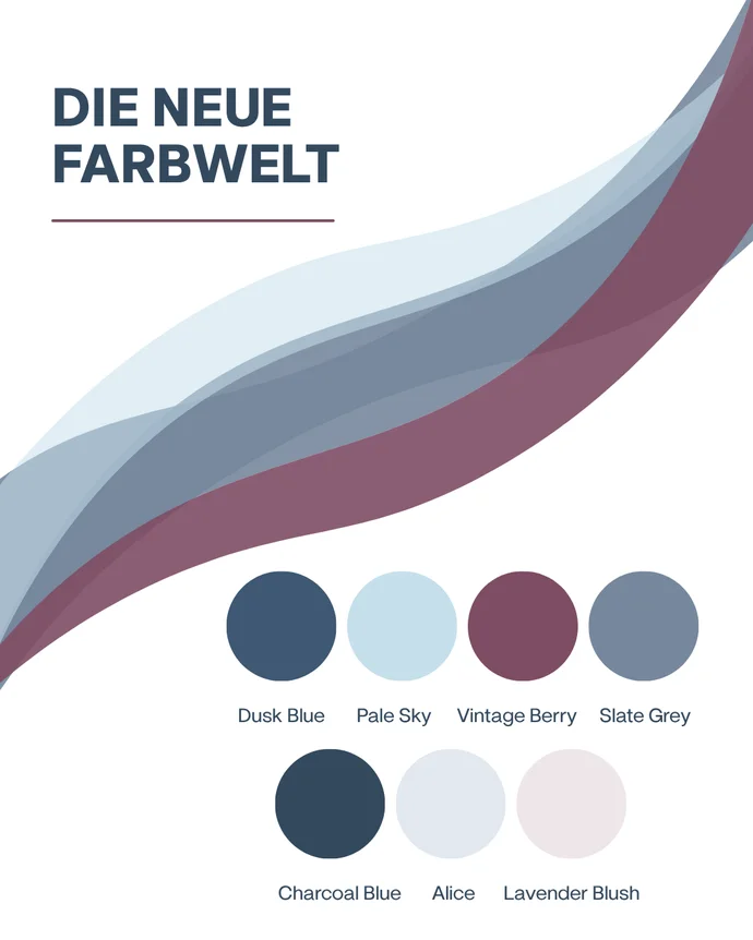 Grafik mit geschwungenen Farbbändern und sechs Farbpaletten: Dusk Blue, Pale Sky, Vintage Berry, Slate Grey, Charcoal Blue, Alice.