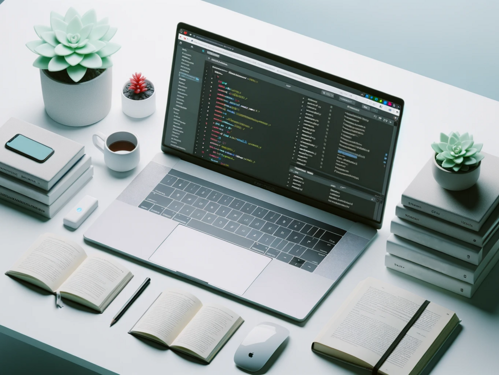 Ein minimalistischer Arbeitsplatz mit einem Laptop, der eine Symfony-Anwendung und den dazugehörigen Profiler zeigt.
