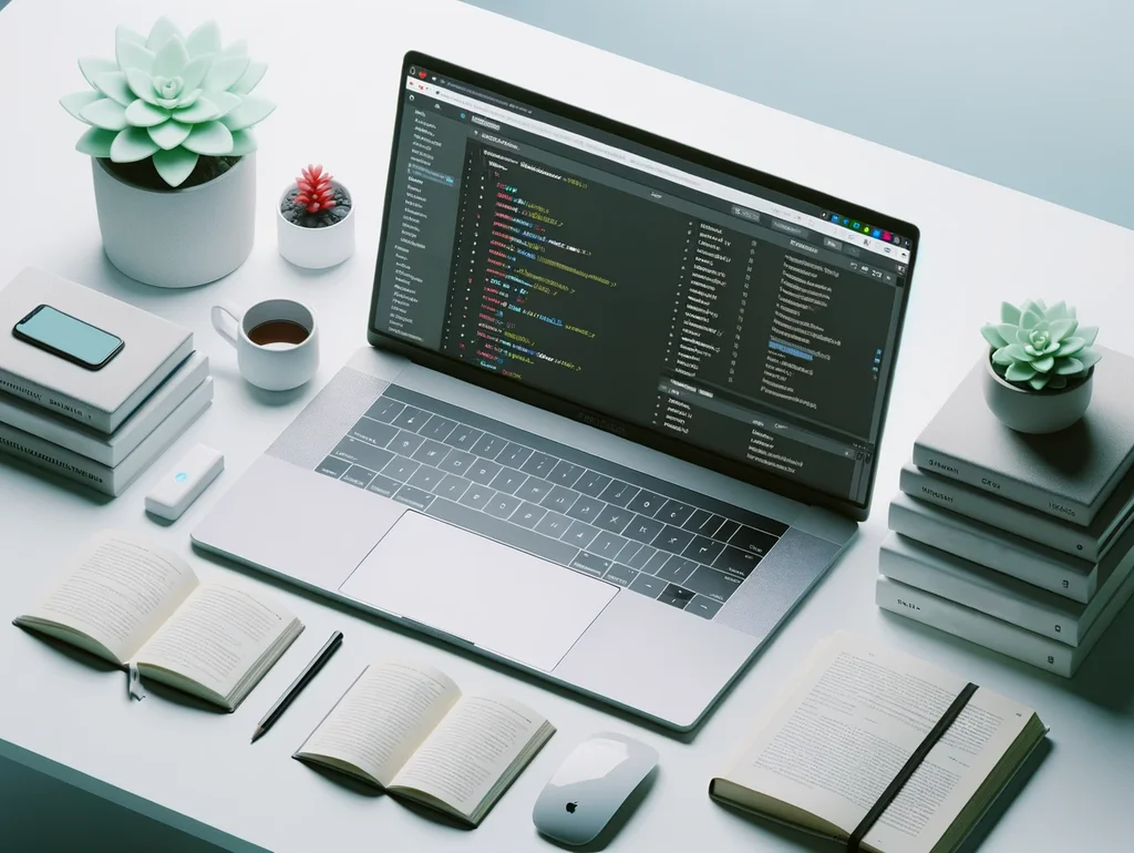 Ein minimalistischer Arbeitsplatz mit einem Laptop, der eine Symfony-Anwendung und den dazugehörigen Profiler zeigt.