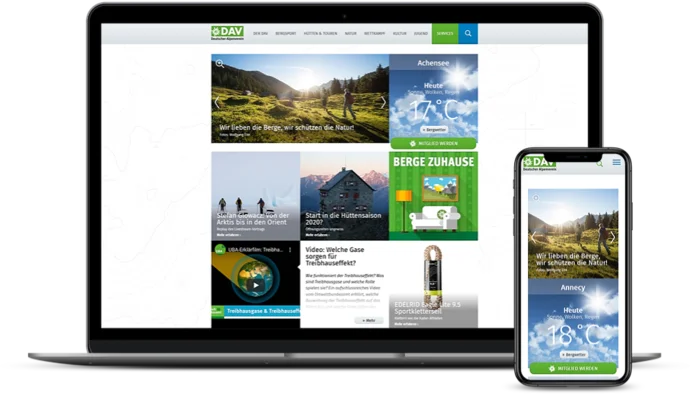 Laptop und Smartphone zeigen die Webseite des Deutschen Alpenvereins mit verschiedenen Outdoor-Themen und Aktivitäten.