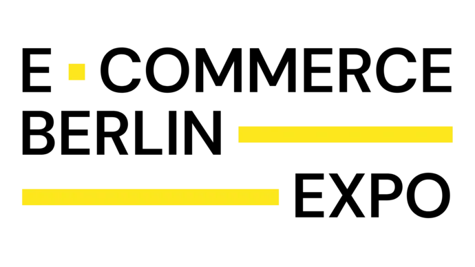 Logo der E-Commerce Berlin Expo mit schwarzem Text und gelben Linien auf weißem Hintergrund.