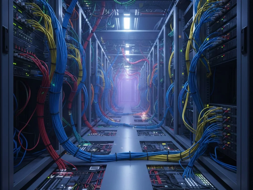 Serverraum mit miteinander verbundenen Netzwerkkabeln in leuchtenden Farben, die zwischen den Racks verlaufen.