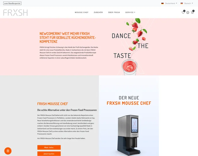 Screenshot einer Webseite von FRXSH mit Werbetexten für den Mousse Chef und einer Abbildung eines Food-Prozessors.