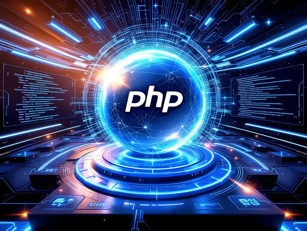 Kugelförmiges Hologramm mit "PHP"-Schriftzug, umgeben von digitaler Technologie und leuchtenden Datenstrukturen.