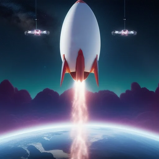 Rakete startet in den Weltraum; Erde darunter sichtbar, umgeben von Wolken; zwei schwebende Objekte im Hintergrund.