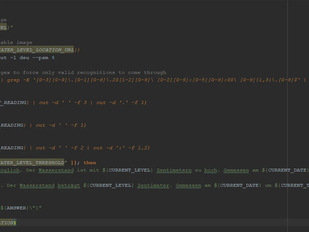 Code zur Wasserstandsanalyse in Bash-Skript mit Datenfilterung, JSON-Ausgabe und Fehlerbehandlung.
