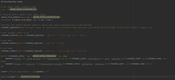 Code zur Wasserstandsanalyse in Bash-Skript mit Datenfilterung, JSON-Ausgabe und Fehlerbehandlung.