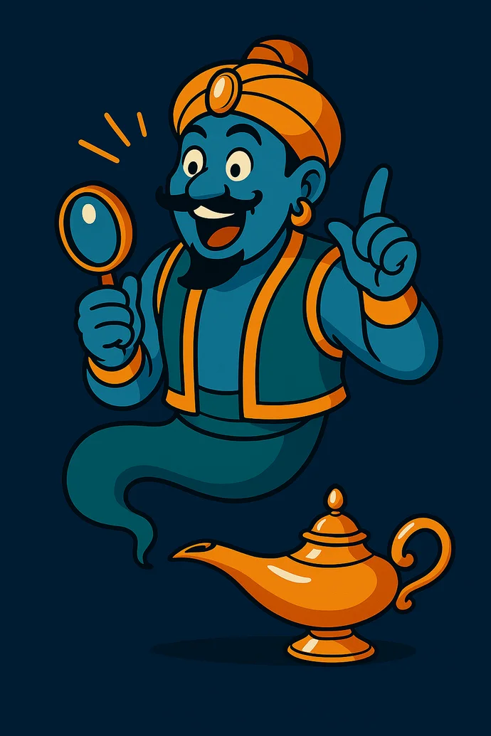 Ein stilisierter, blauer Flaschengeist mit Lupe und erhobenem Finger, bekleidet in orange-blauer Kleidung, neben einer goldenen Lampe.