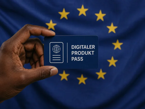 Hand hält eine Karte mit der Aufschrift "Digitaler Produkt Pass" vor EU-Flagge.