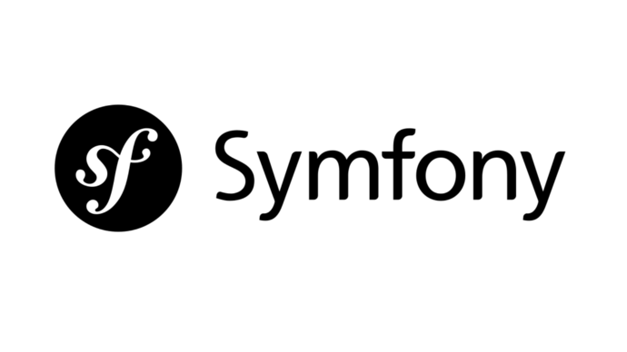 Logo des Symfony-Frameworks; schwarzer Kreis mit stilisiertem "sf" daneben der Schriftzug "Symfony".