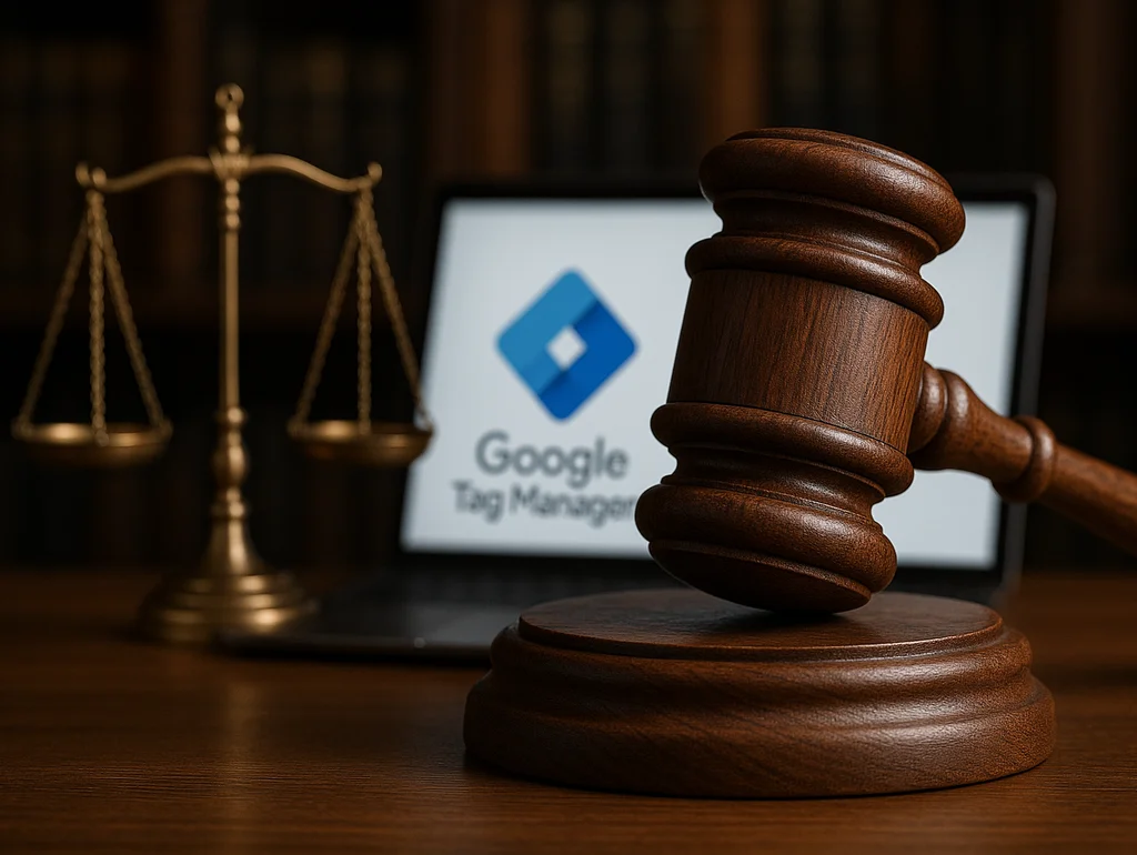 Richterhammer neben Waage und Laptop mit Google Tag Manager Logo.