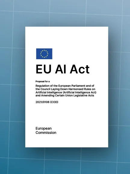 Vorderseite des EU AI Act-Dokuments mit EU-Logo, Titel und Untertitel vor blauem Hintergrund.