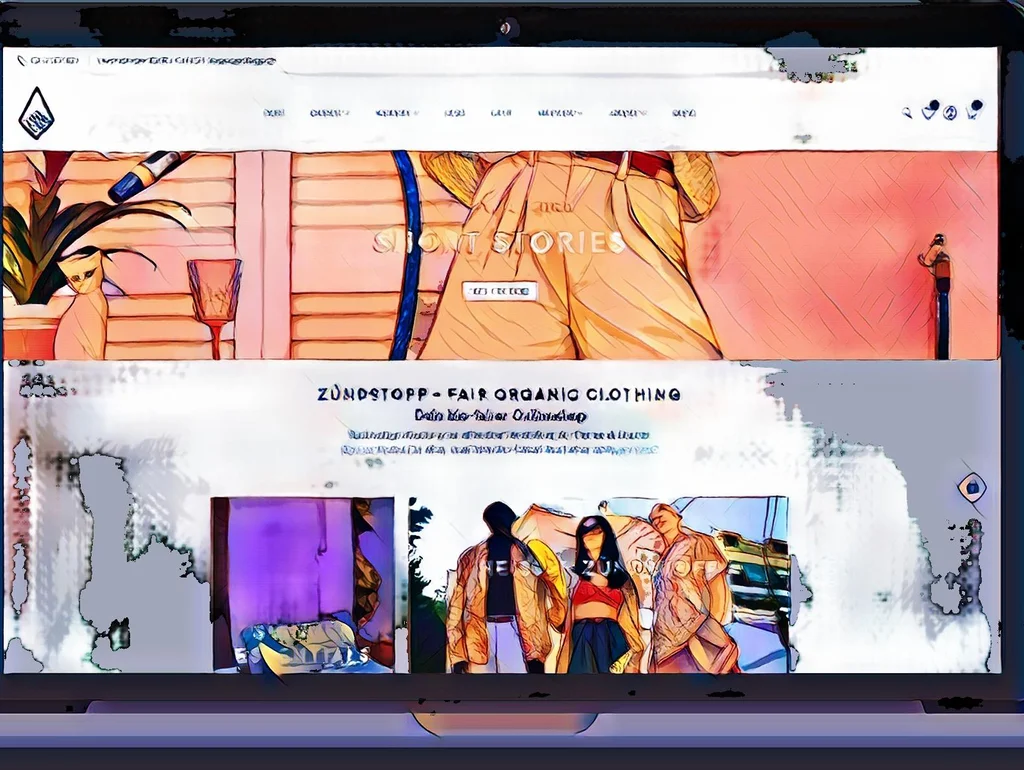 Laptop-Bildschirm zeigt eine farbenfrohe Webseite für nachhaltige Mode mit Illustrationen und Navigationselementen.