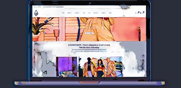 Laptop-Bildschirm zeigt eine farbenfrohe Webseite für nachhaltige Mode mit Illustrationen und Navigationselementen.