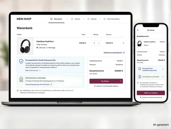 Laptop und Smartphone zeigen einen Online-Warenkorb mit kabellosen Kopfhörern und Kaufdetails in einem Onlineshop.