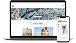 Laptop und Smartphone zeigen eine Webseite für nachhaltige Mode mit Frühlingsdesign und Online-Shop-Funktion.