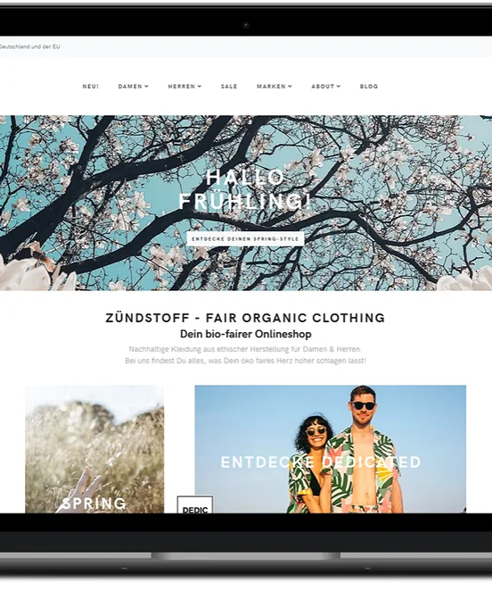 Laptop und Smartphone zeigen eine Webseite für nachhaltige Mode mit Frühlingsdesign und Online-Shop-Funktion.
