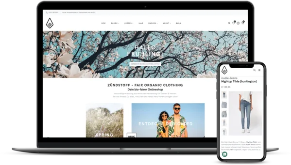 Laptop und Smartphone zeigen eine Webseite für nachhaltige Mode mit Frühlingsdesign und Online-Shop-Funktion.