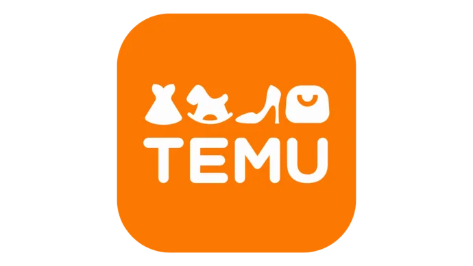 Orangefarbenes TEMU-Logo mit Symbolen einer Tasche, eines Schuhs, eines Kleides und eines Hutes.
