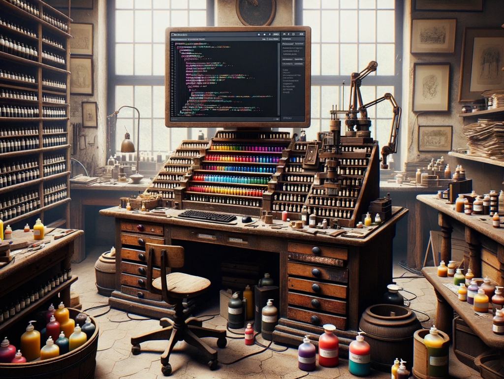 Ein altes Atelier mit modernen IT-Elementen. Auf einer Staffelei ist ein Bildschirm zu sehen, auf dem Symfony Doctrine Code dargestellt.