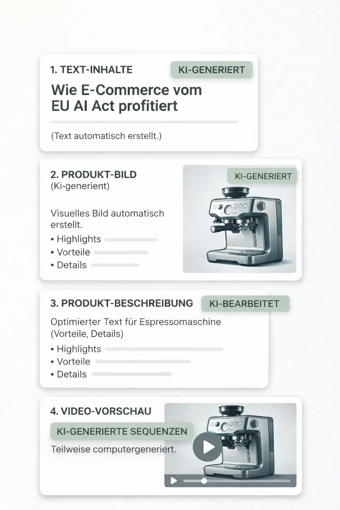 KI-generiertes UI mit Textinhalten, Produktbild einer Espressomaschine, Produktbeschreibung und Video-Vorschau.