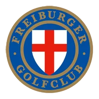 Logo des Freiburger Golfclubs mit einem roten Kreuz auf weißem Schild, umgeben von blauem Kreis mit goldenem Schriftzug.