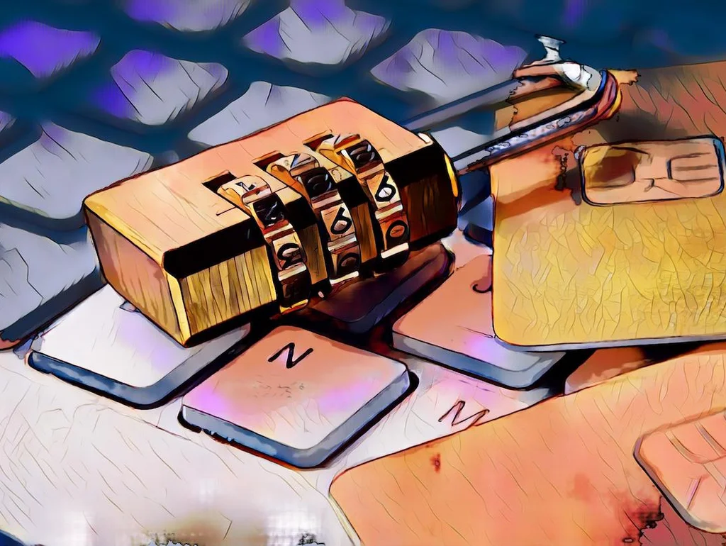 Vorhängeschloss und Kreditkarte auf einer Computertastatur, symbolisierend digitale Sicherheit und Datenschutz.