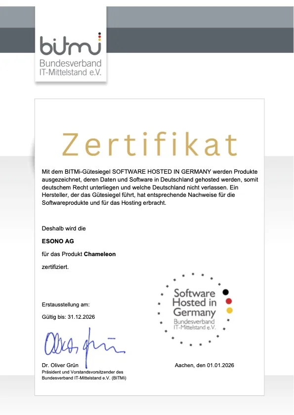 Zertifikat mit BITMi-Gütesiegel „Software Hosted in Germany“ für die ESONO AG, gültig bis 31.12.2026.