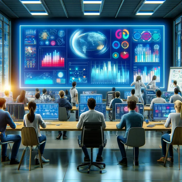 Ein Futuristisches Kontrollzentrum, Menschen arbeiten an Computern, analysieren Daten auf einem großen digitalen Wandbildschirm.