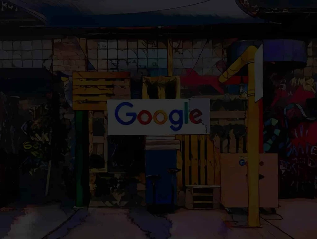 Buntes Graffiti-Gebäude mit prominentem Google-Logo auf Schildern, industrieller Hintergrund und satte Farben.