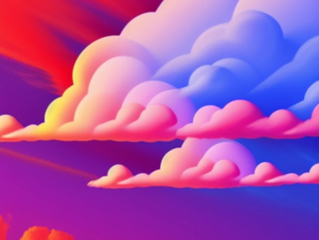 Bunte, stilisierte Wolkenformationen vor einem farbverlaufendem Himmel in lebhaften Rot-, Blau- und Orangetönen.