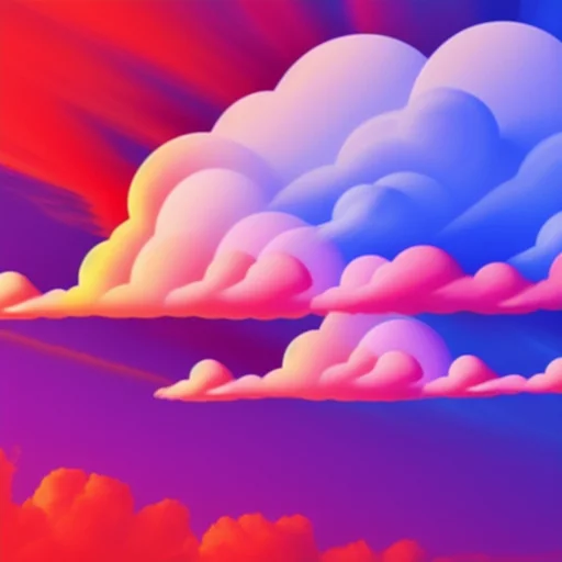 Bunte, stilisierte Wolkenformationen vor einem farbverlaufendem Himmel in lebhaften Rot-, Blau- und Orangetönen.