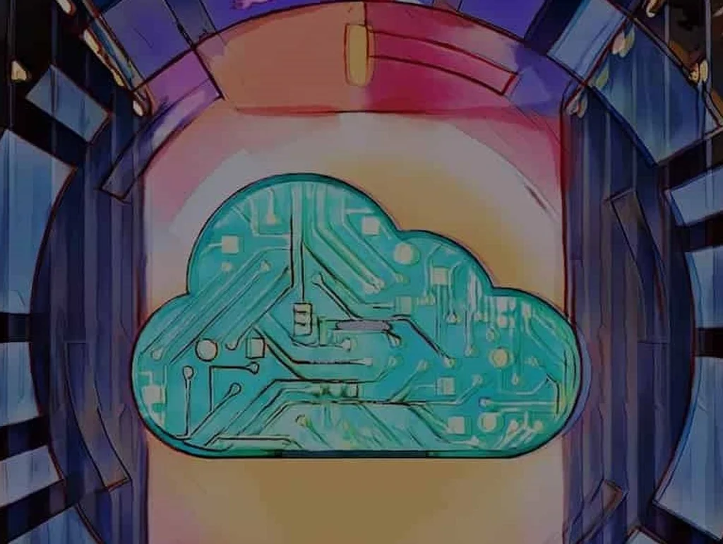 Illustration einer digitalen Wolke mit Schaltkreis-Muster in einem futuristischen Tunnel.