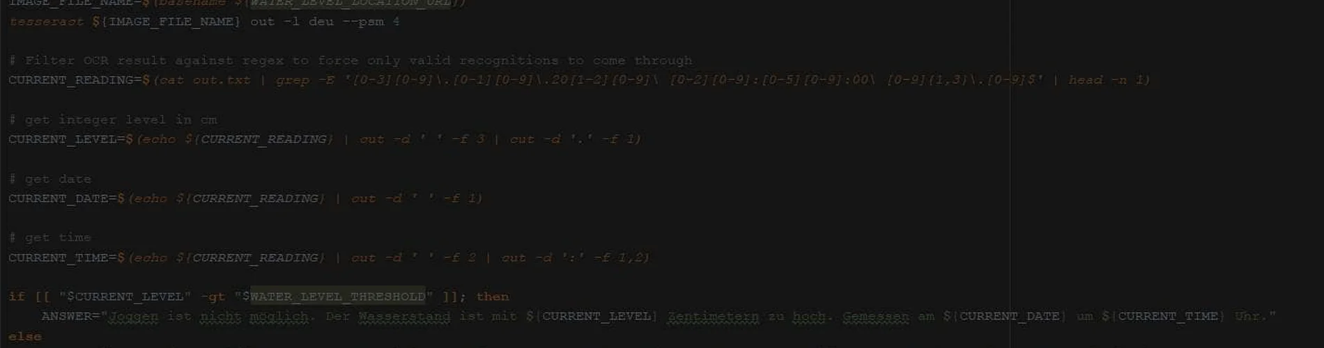 Code-Skript mit Bedingungen und Variablen; dunkler Hintergrund mit farbiger Syntax-Hervorhebung.