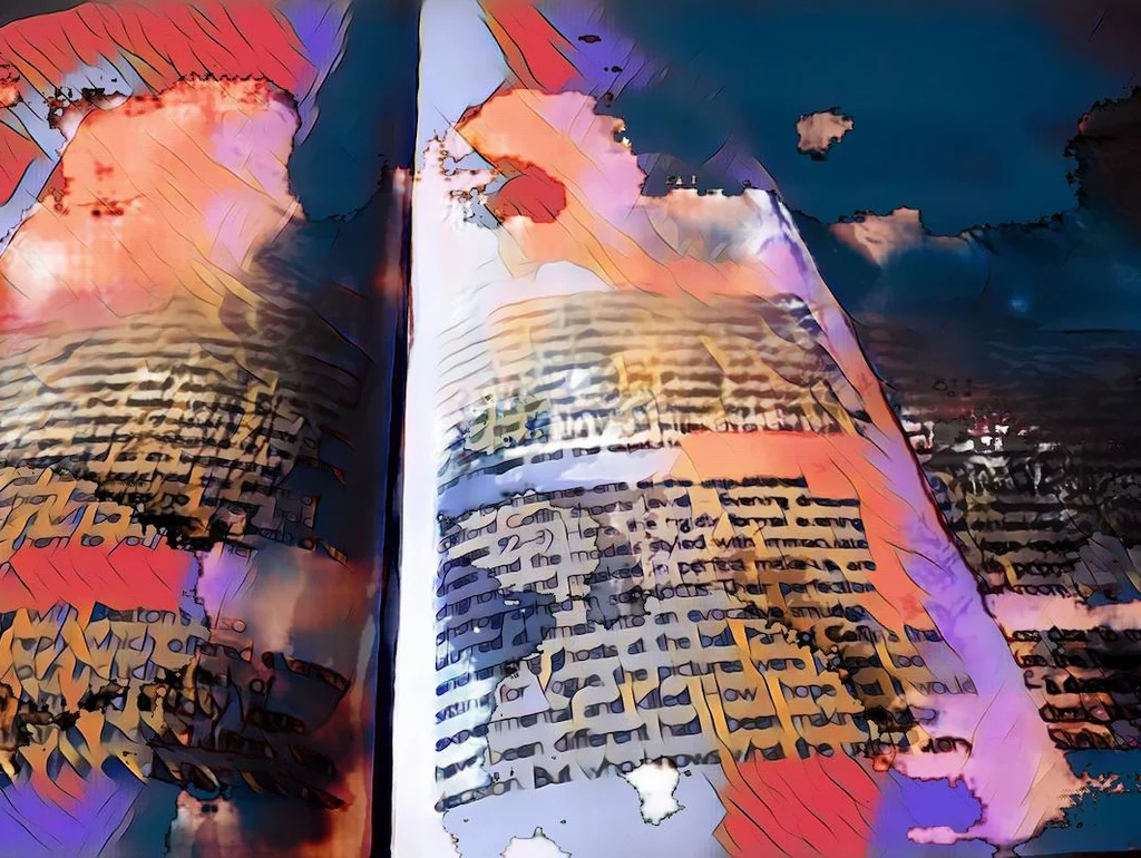 Künstlerisch verzerrtes Bild von zwei offenen Buchseiten in kräftigen, abstrakten Farben.