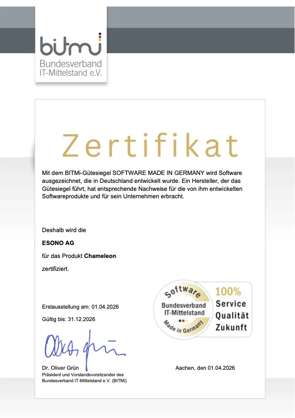 Zertifikat der BITMi für Software MADE IN GERMANY, ausgestellt für ESONO AG. Gültig bis 2026.