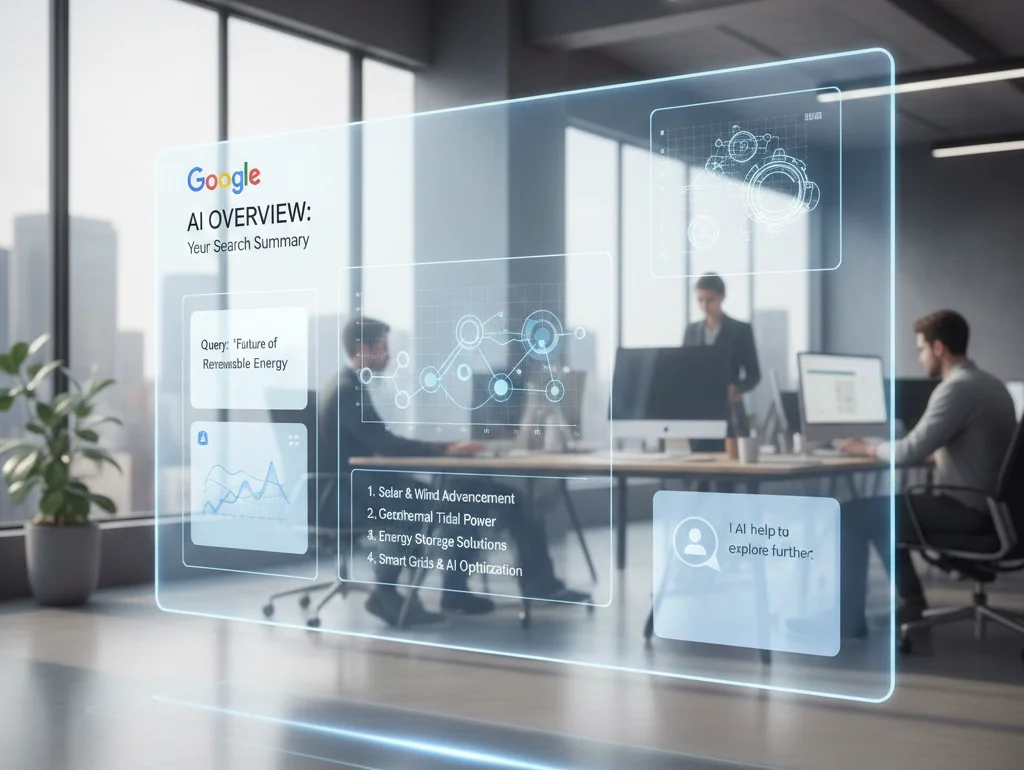 Futuristisches Büro mit holographischen Bildschirmen, die Daten und Grafiken zu erneuerbarer Energie anzeigen.
