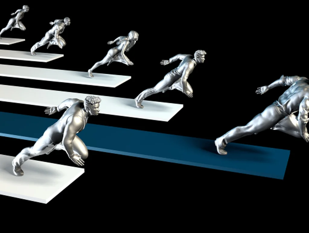 Silberne Figuren in Startposition auf farbigen Bahnen, Symbol für Wettbewerb und Fortschritt.