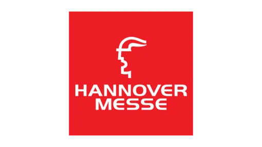 Logo der Hannover Messe: weißes Profilsymbol auf rotem Hintergrund mit dem Schriftzug "Hannover Messe".