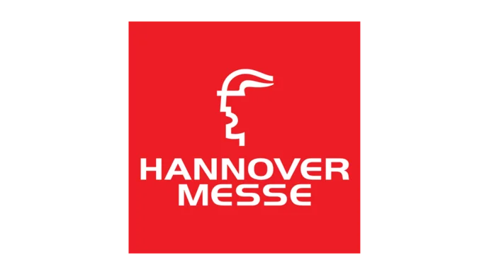 Logo der Hannover Messe: weißes Profilsymbol auf rotem Hintergrund mit dem Schriftzug "Hannover Messe".