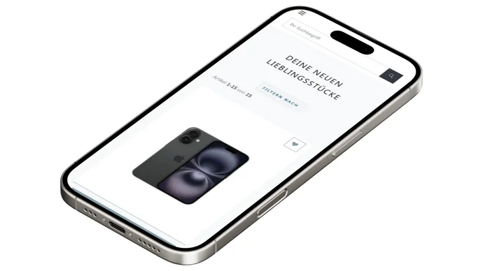 Ein Smartphone zeigt eine Website mit einem Bild eines weiteren Smartphones und dem Text "Deine neuen Lieblingsstücke".