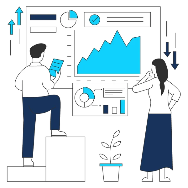 Zwei Personen analysieren Diagramme und Diagramme auf einem großen Bildschirm; eine Pflanze im Vordergrund.