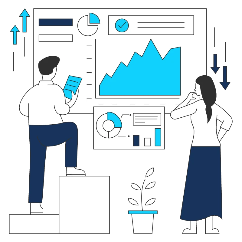 Zwei Personen analysieren Diagramme und Diagramme auf einem großen Bildschirm; eine Pflanze im Vordergrund.